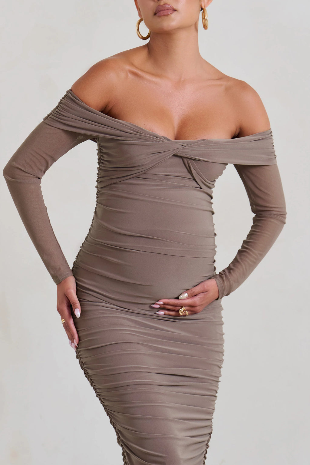 Neva | Mocha Bardot Twist Maternity Midi Dress