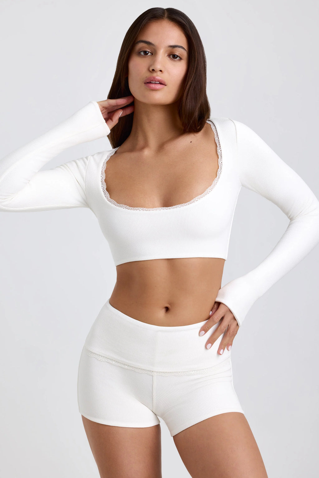 Ribbed Modal Lace-Trim Crop Top in White
