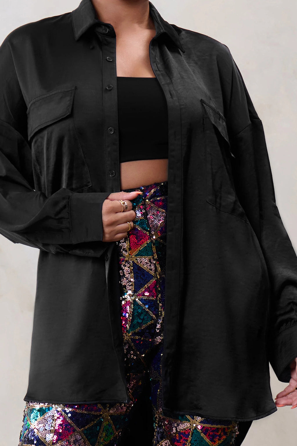 Limitless | Plus Black Oversized Long Sleeve Satin Shirt With Placement Pocket