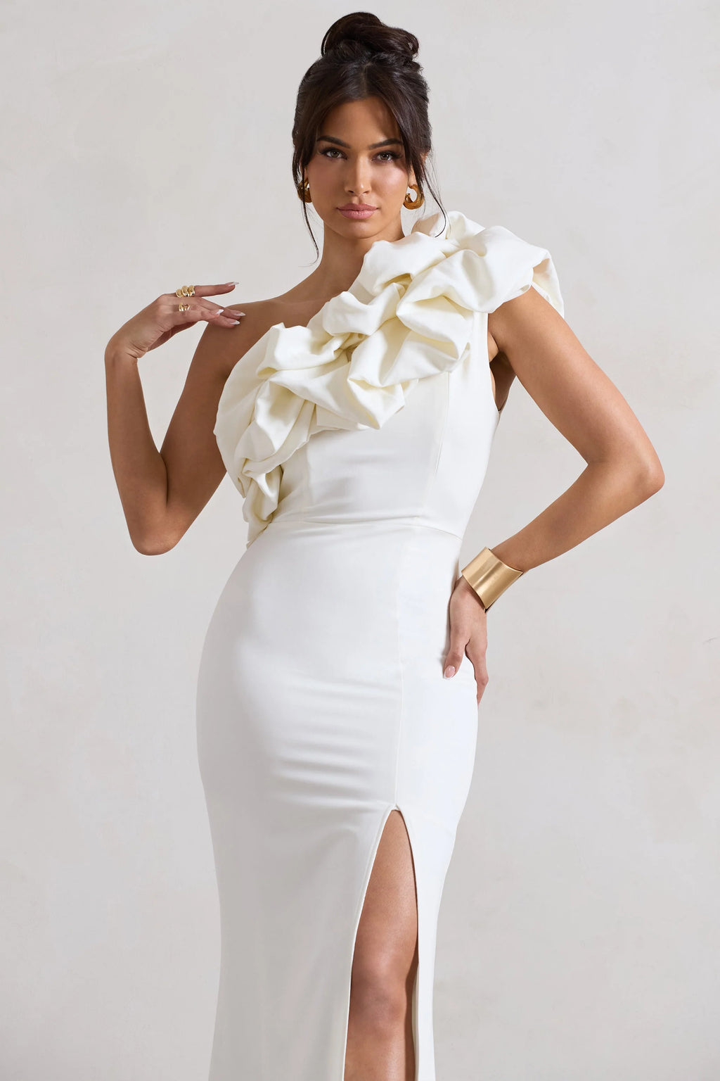 Vienne | White Asymmetric Ruffle Split Maxi Dress