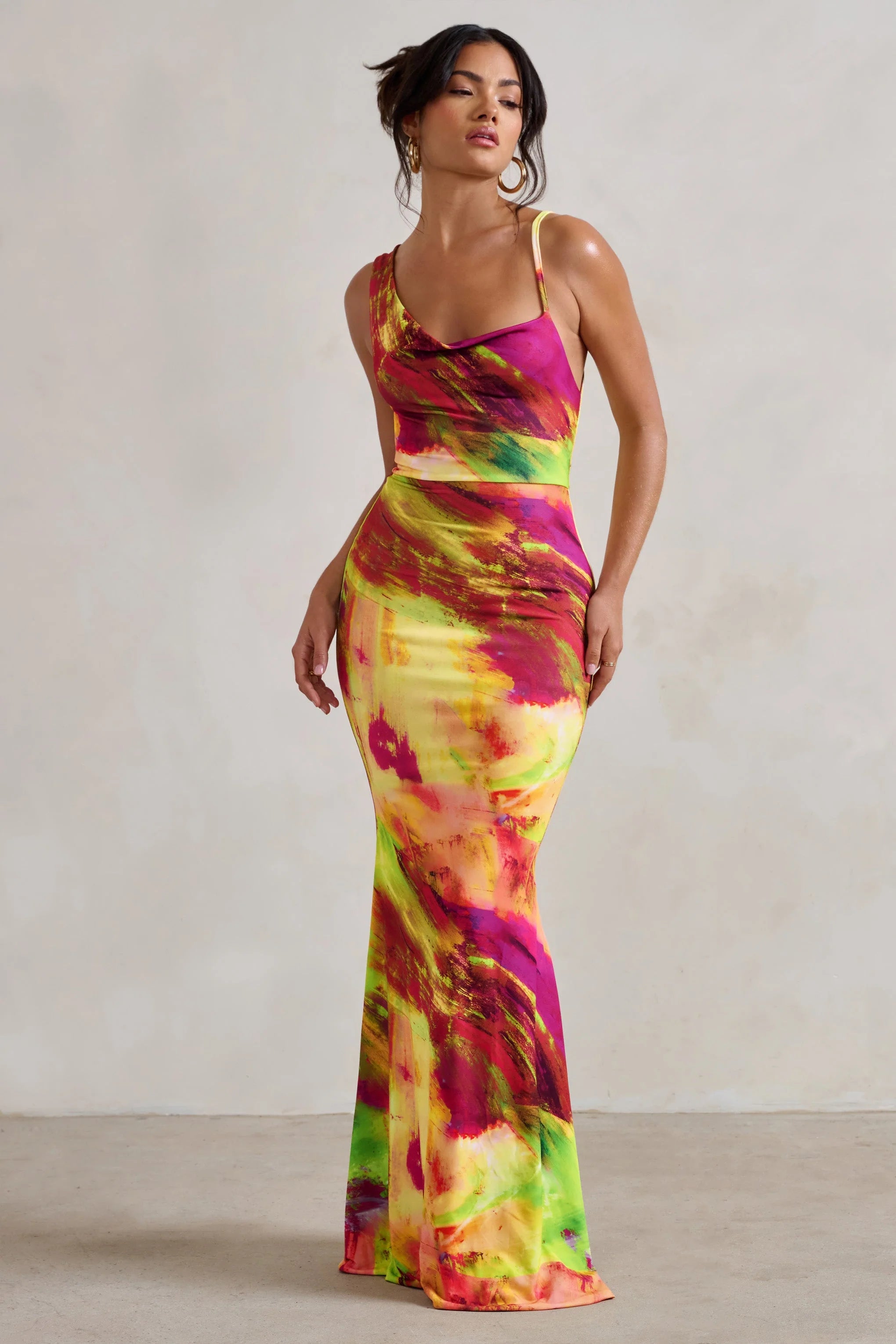 Phantasy | Lime Print Asymmetric Neckline Cowl Maxi Dress