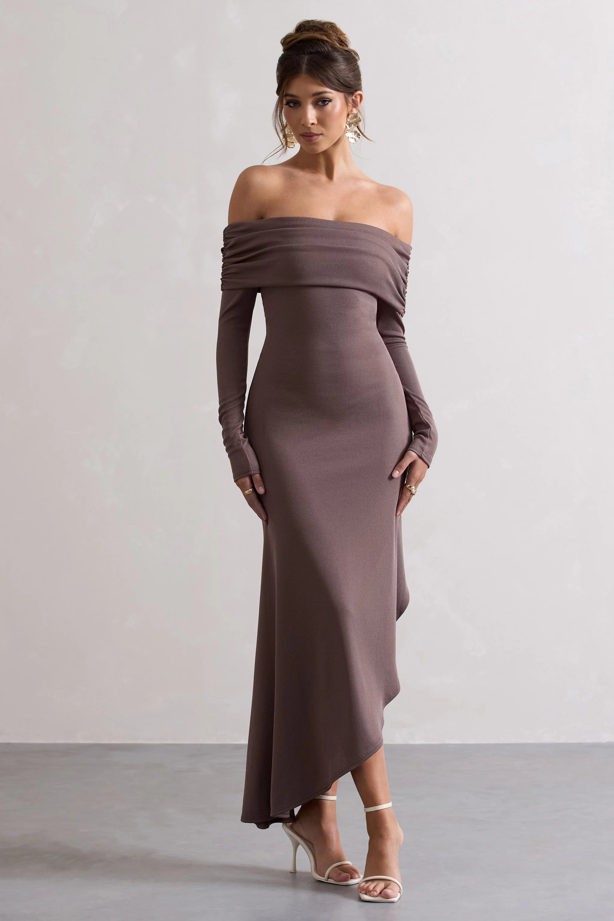 Romina | Mocha Rib Knit Bardot Maxi Dress With Asymmetric Hem