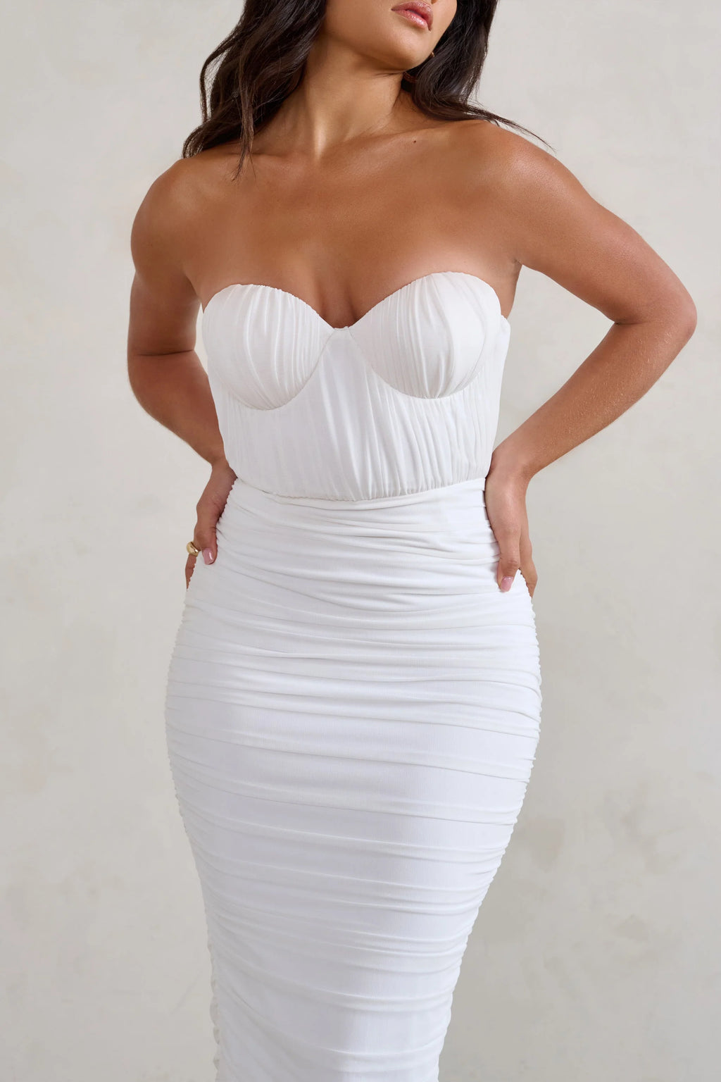 Deema | White Cupped Midi Dress With Mesh Overlay