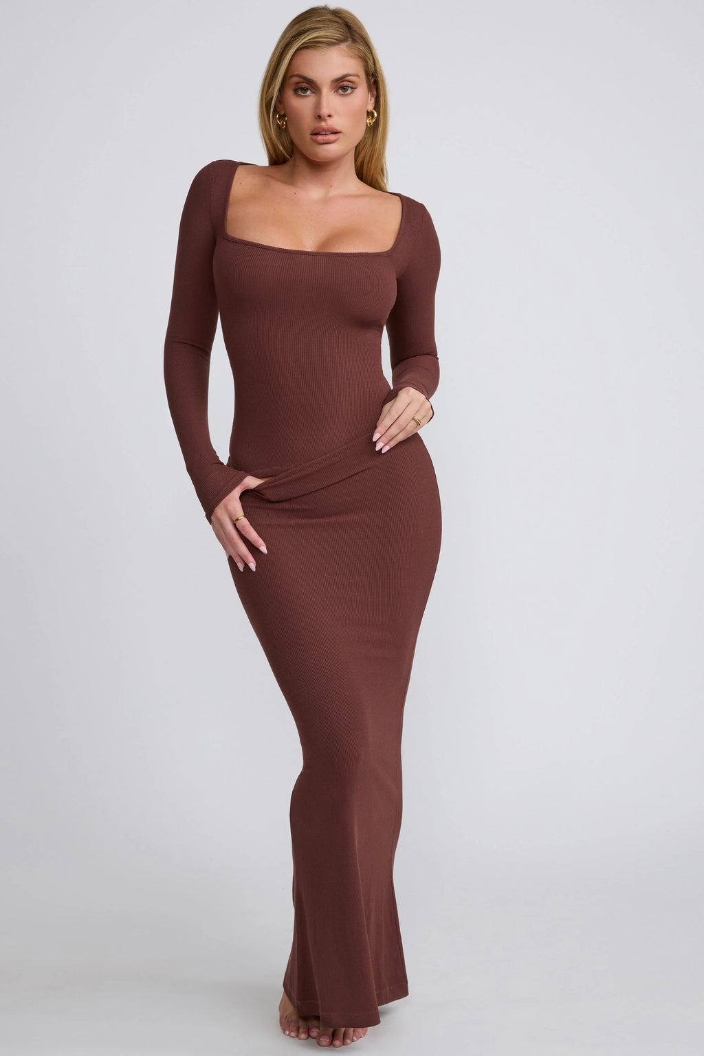 Ribbed Modal Square Neck Long Sleeve Top in Chocolate