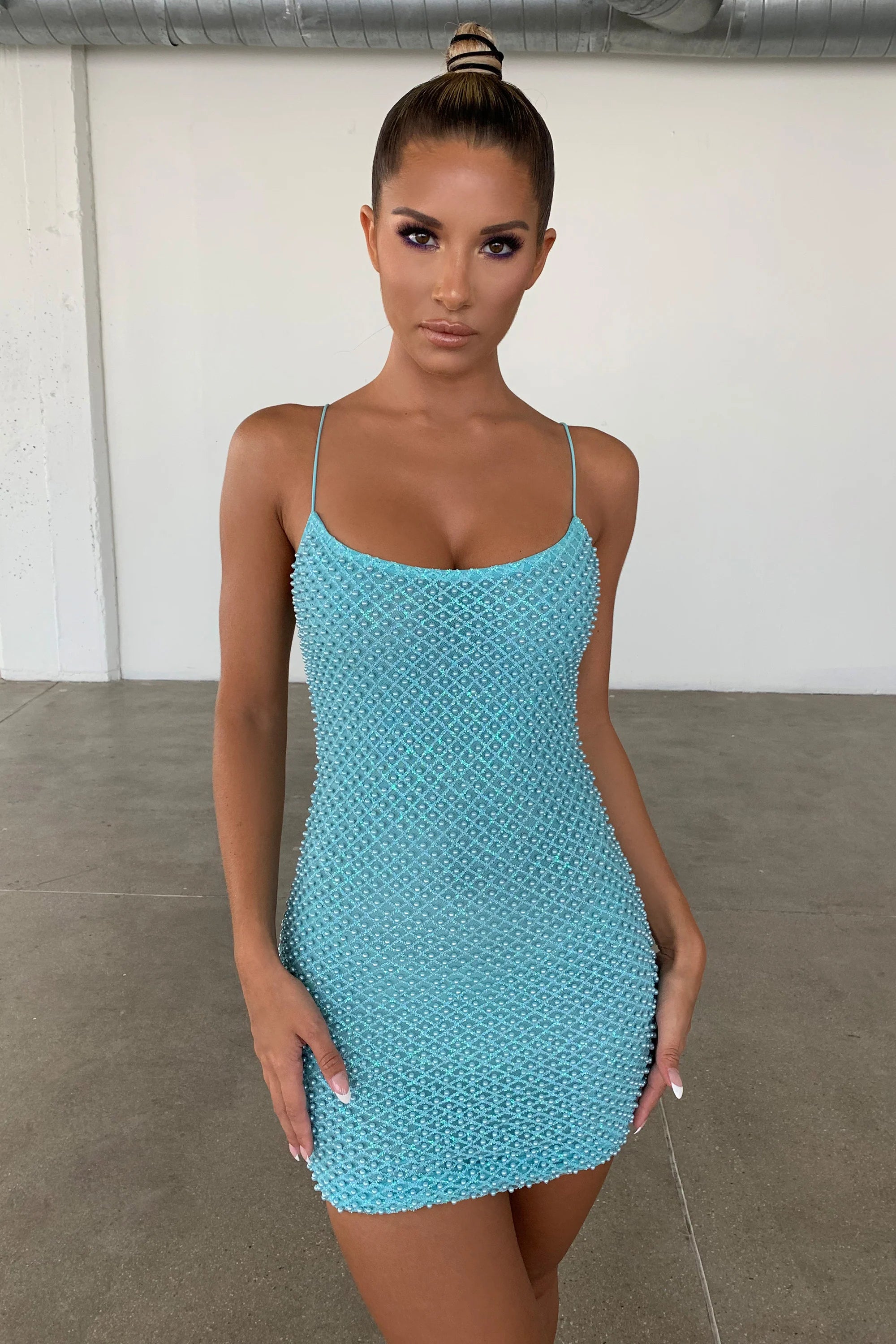 Drop A Glint Embellished Mini Dress in Blue