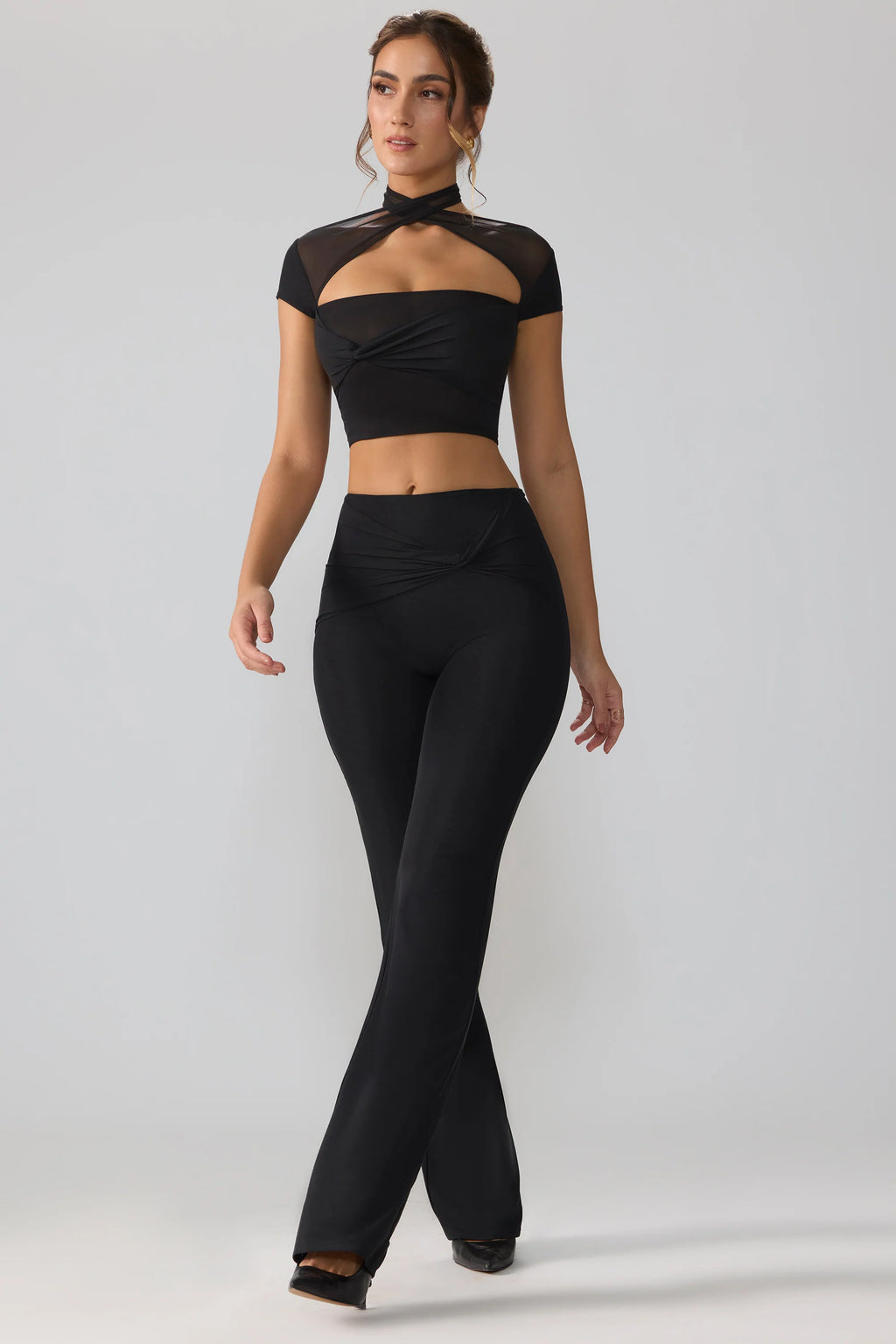 Tall Mesh Mid Rise Twist Overlay Flare Trousers in Black