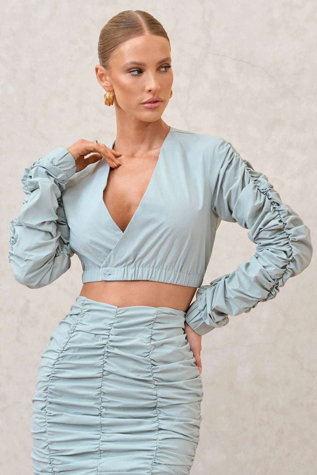 Sundown | Sage Ruched Sleeve Wrap Detail Cropped Shirt