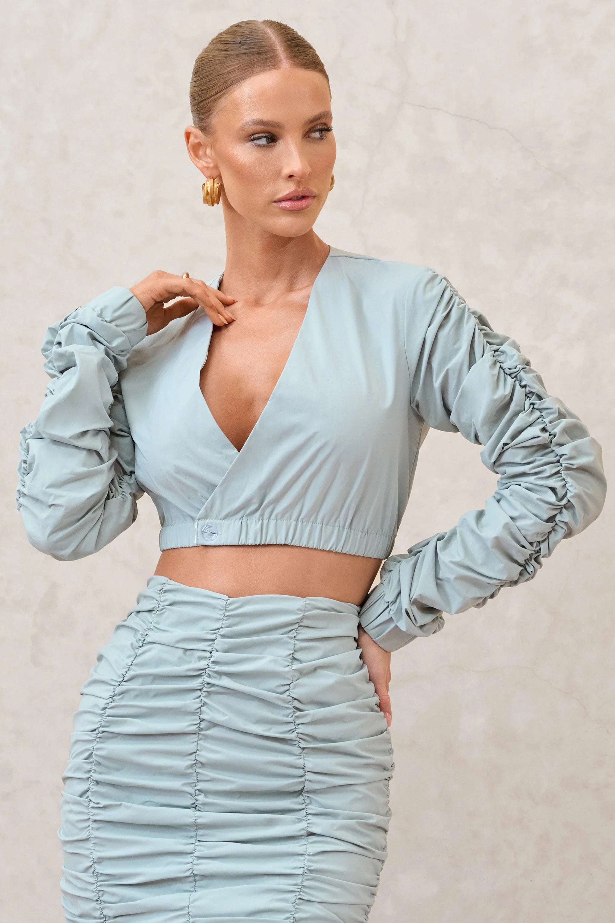 Sundown | Sage Ruched Sleeve Wrap Detail Cropped Shirt