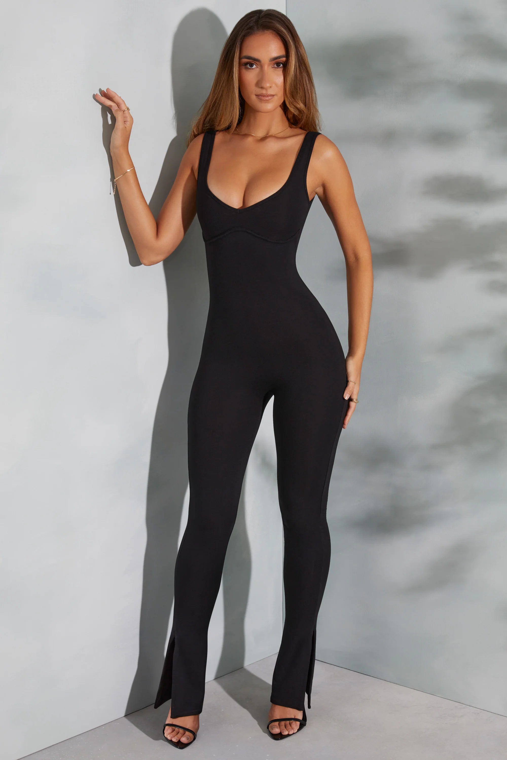 Petite Sweetheart Neckline Flare Hem Jumpsuit in Black