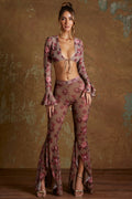 Tall Split Flare Ruffle Trousers in Beige Print