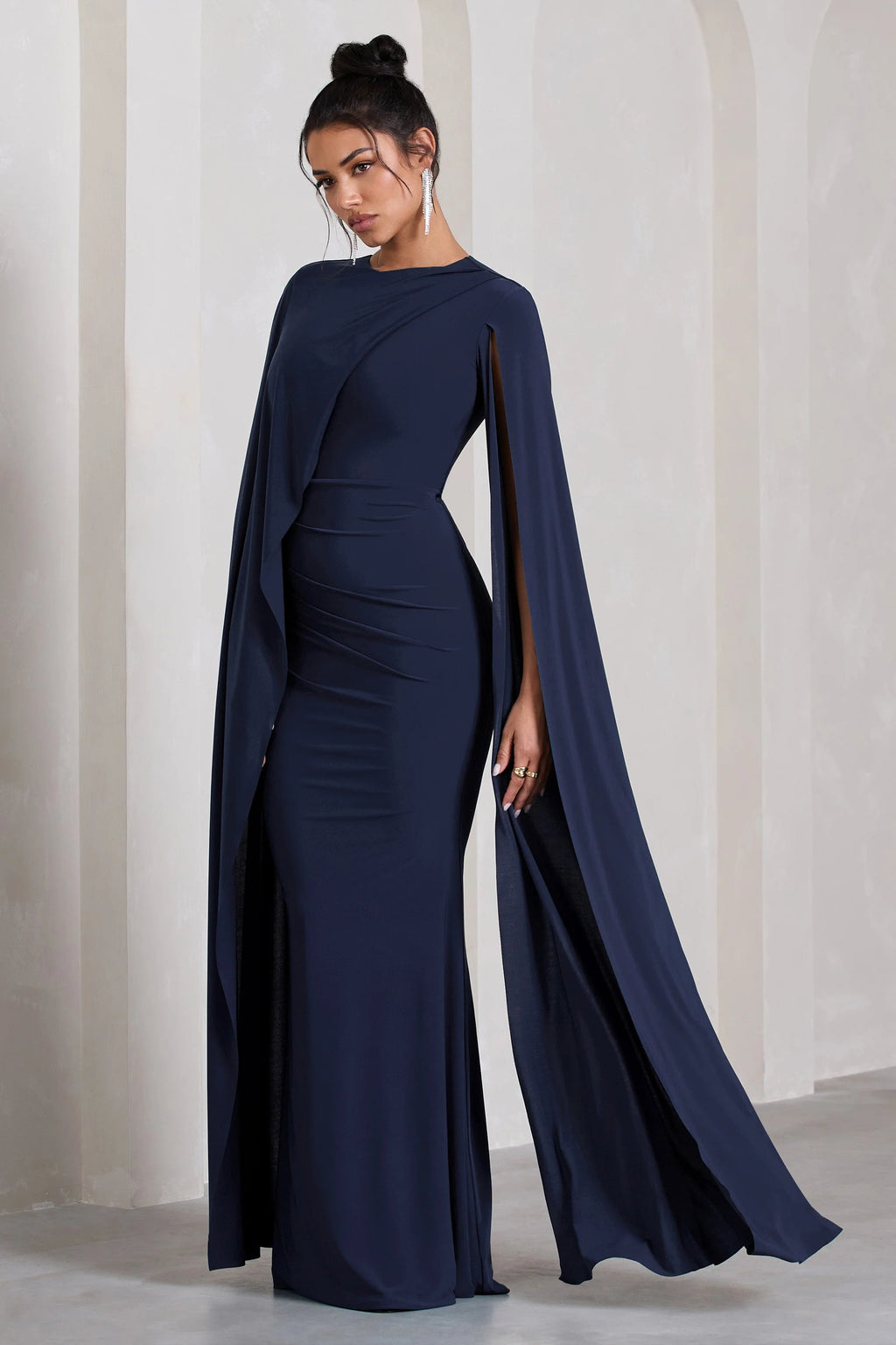 Magdelena | Navy Asymmetric Cape Maxi Dress