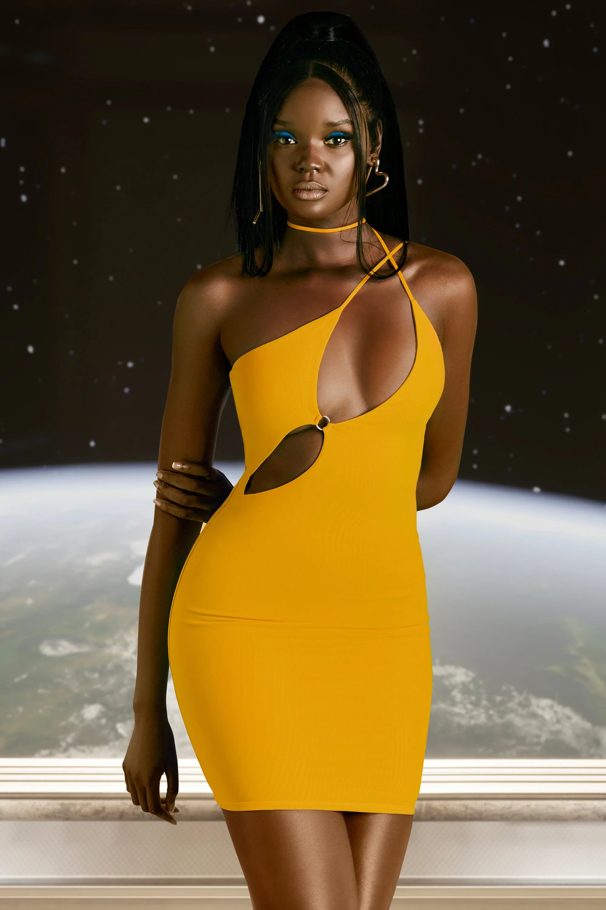 Asymmetric Cut Out Mini Dress in Yellow