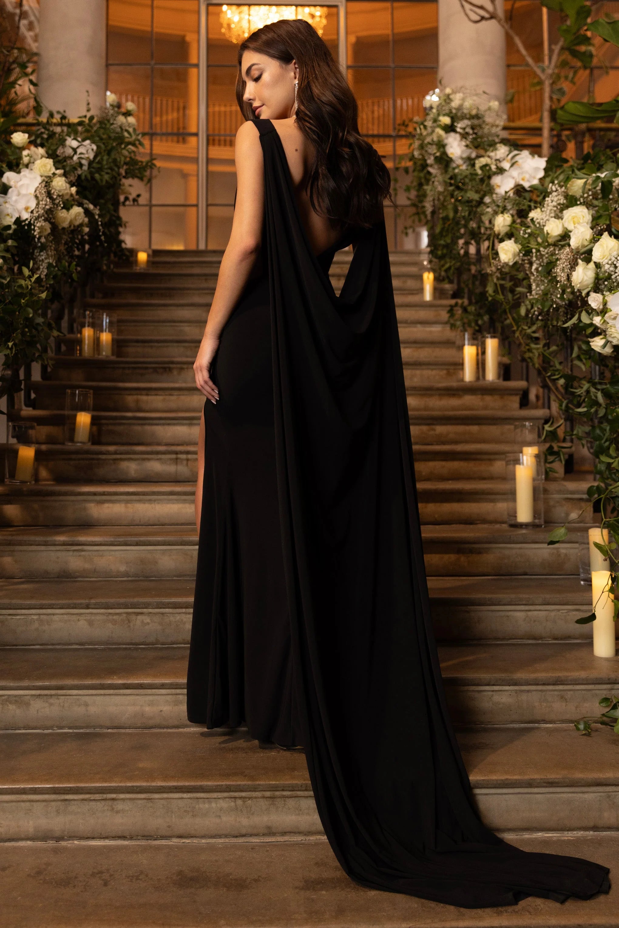 A Toast | Black Split Maxi Dress With Draped Cape