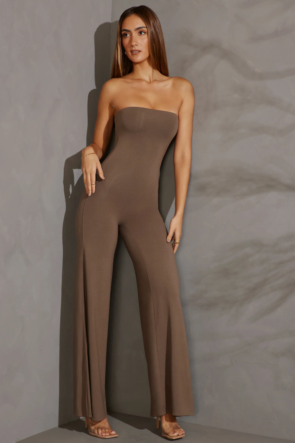 Petite Bandeau Wide Leg Jumpsuit in Taupe