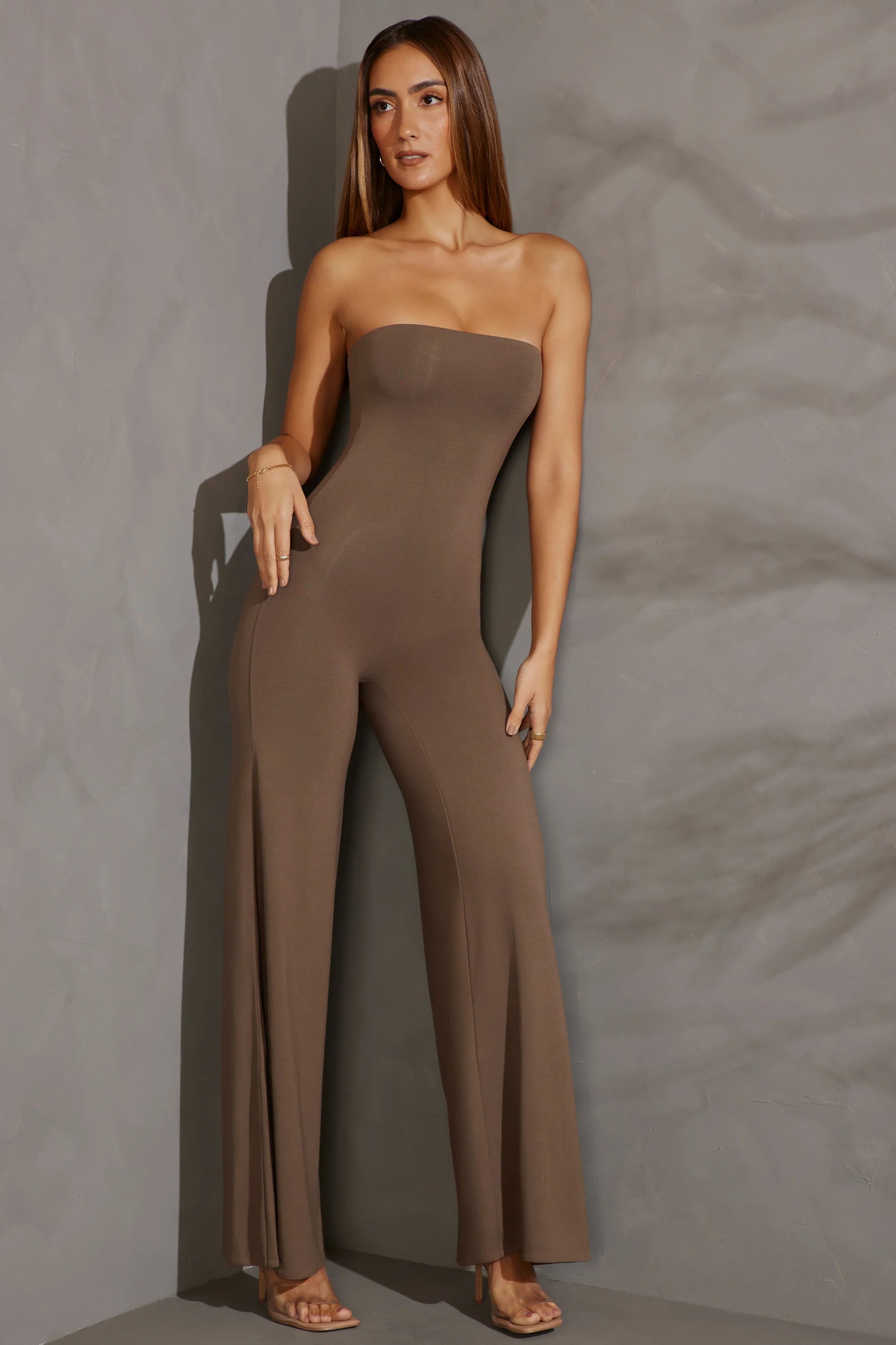 Petite Bandeau Wide Leg Jumpsuit in Taupe