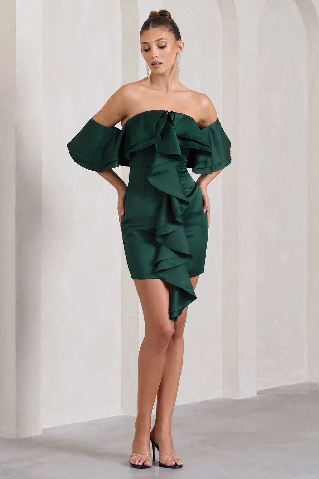 Aspen | Bottle Green Bardot Mini Dress With Ruffles