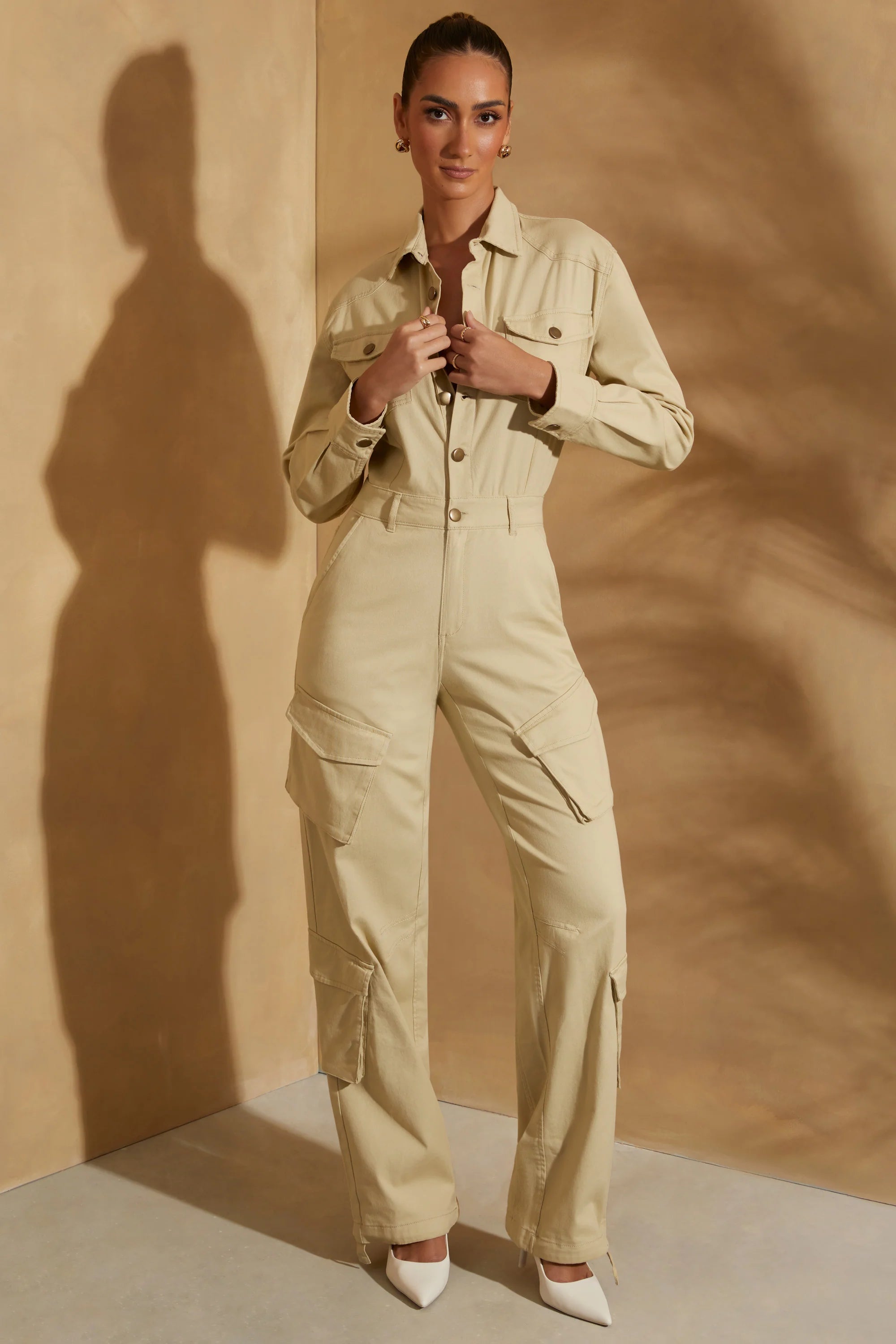 Petite Wide Leg Long Sleeve Cargo Jumpsuit in Sage