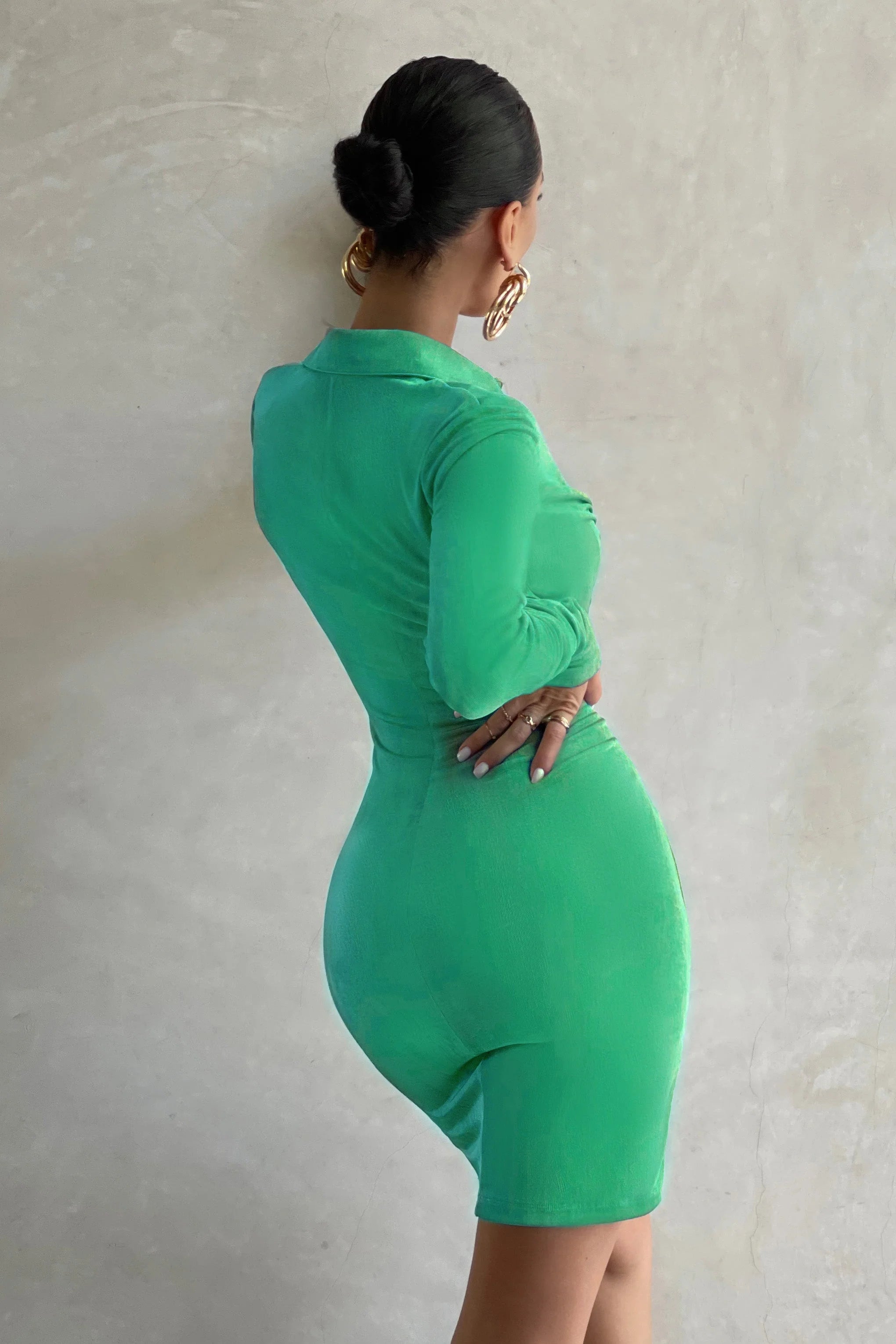 One To Remember | Green Bodycon Ruched Long Sleeve Shirt Mini Dress