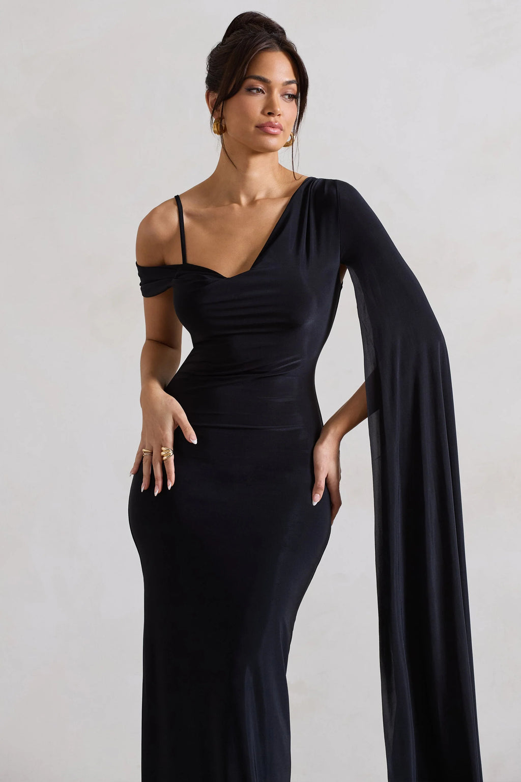 Pedra | Black Asymmetric Draped Maxi Dress With Sash