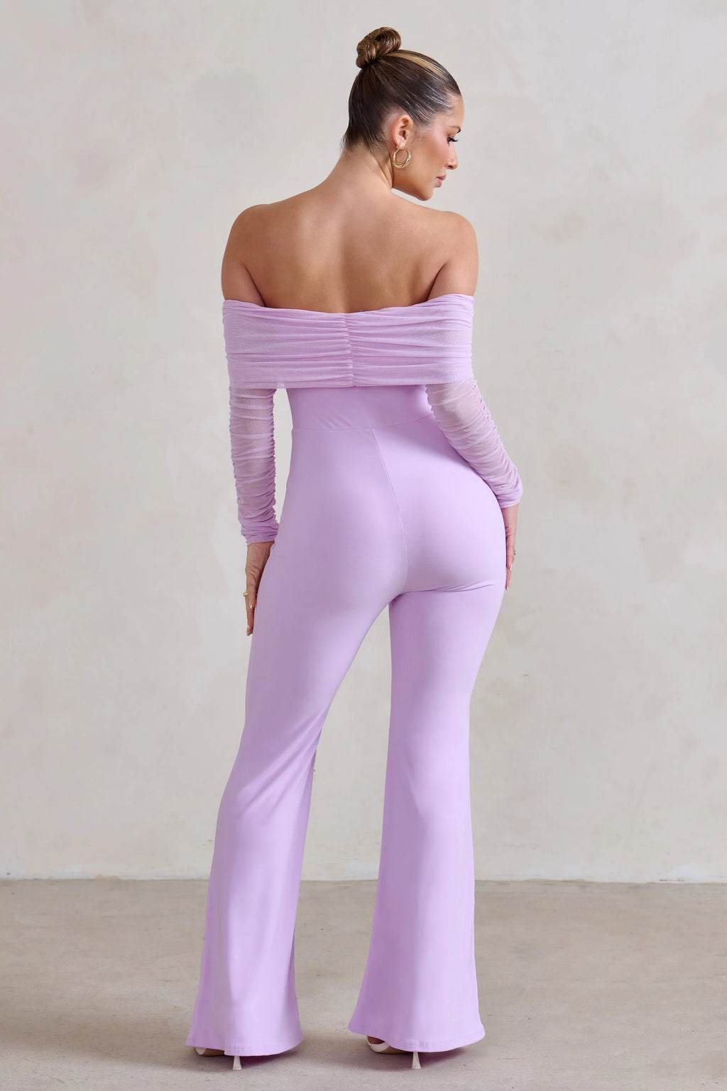 Whisper | Lilac Ruched Mesh Bardot Jumpsuit