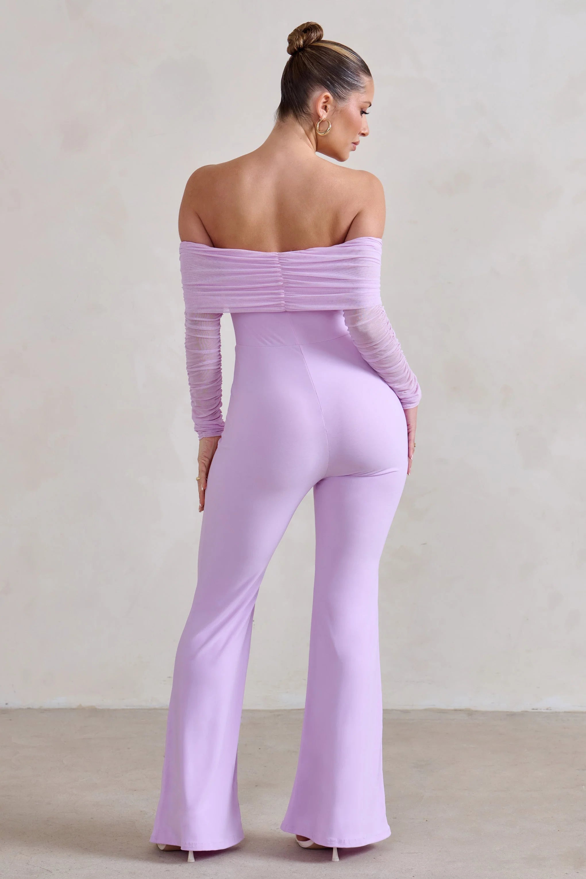 Whisper | Lilac Ruched Mesh Bardot Jumpsuit