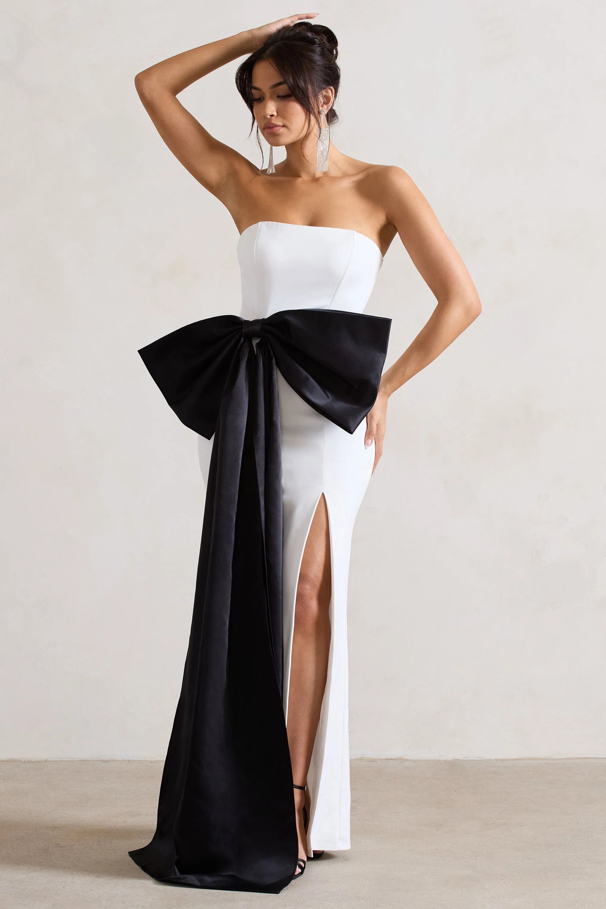 Sincerely | White Bandeau Split Maxi Dress With Oversized Black Bow