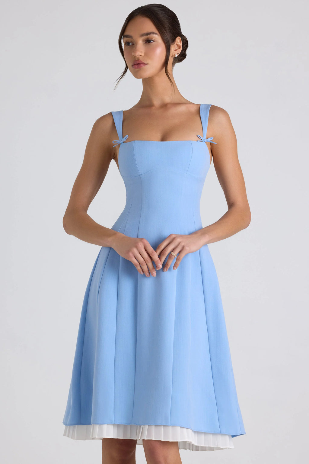 Bow-Embellished Pleated A-Line Midi Dress in Sky Blue