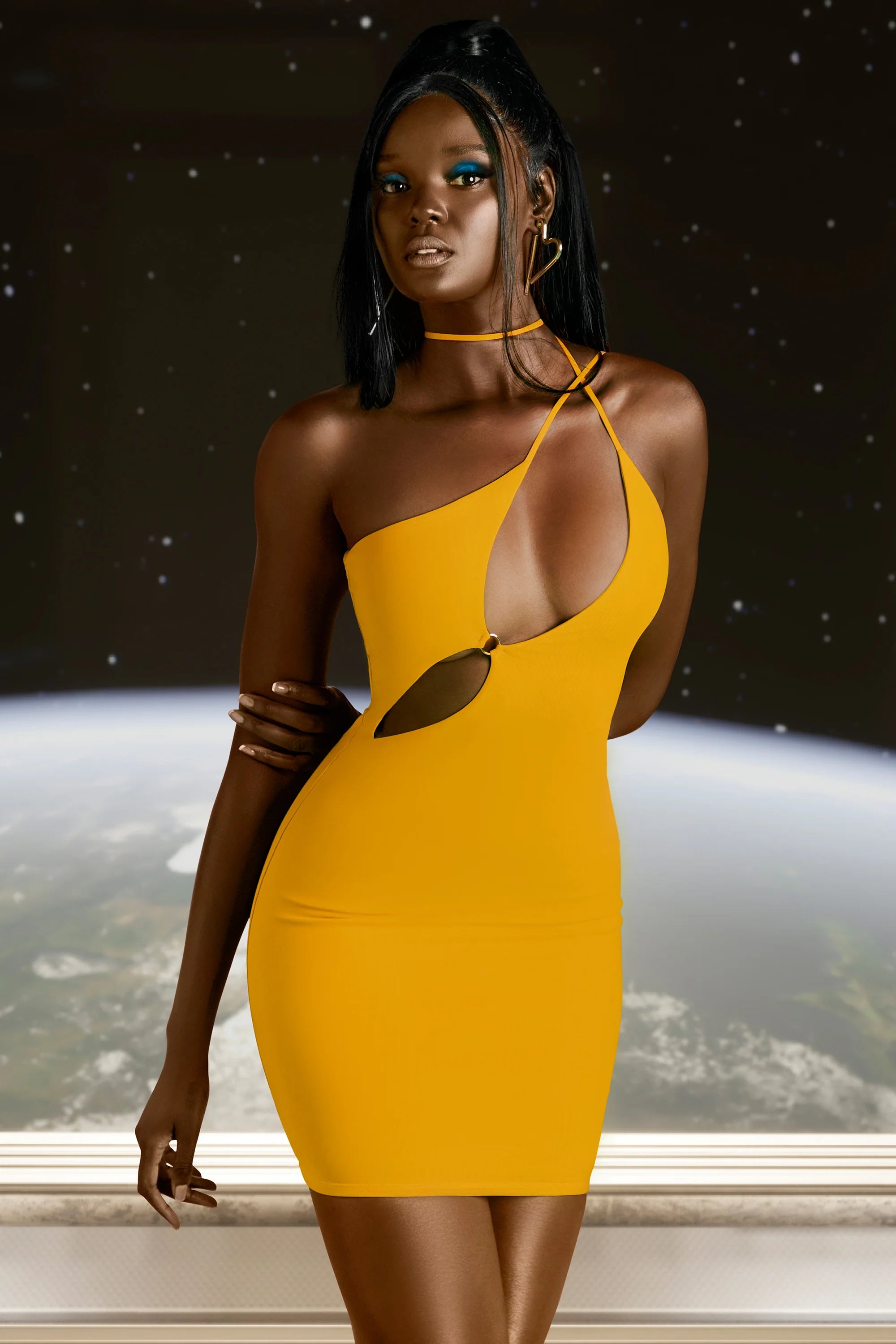 Asymmetric Cut Out Mini Dress in Yellow