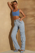 Tall High Waist Wide Leg Cargo Trousers in Light Blue