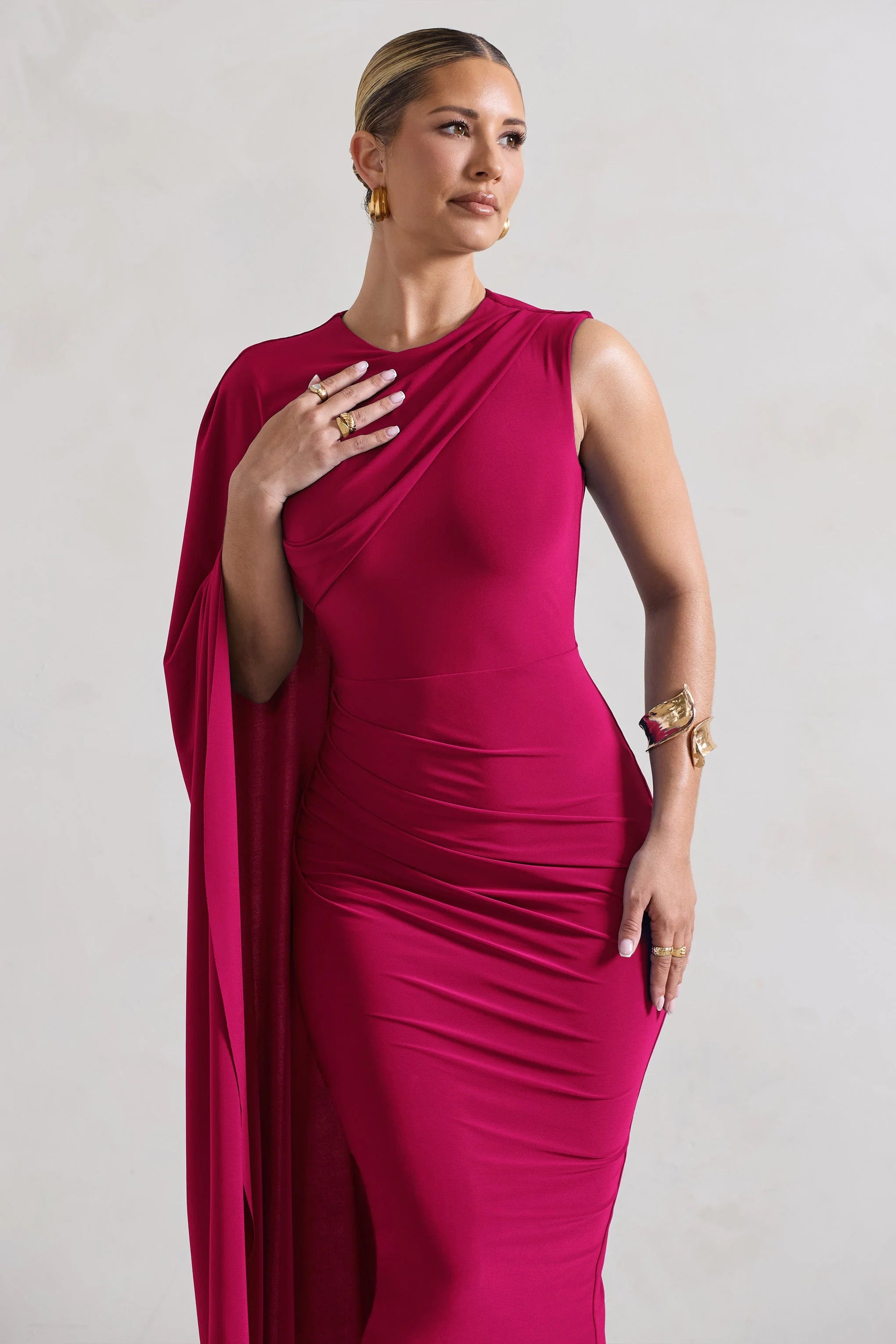 Reveal | Dark Pink One-Sleeve Cape Midi Dress
