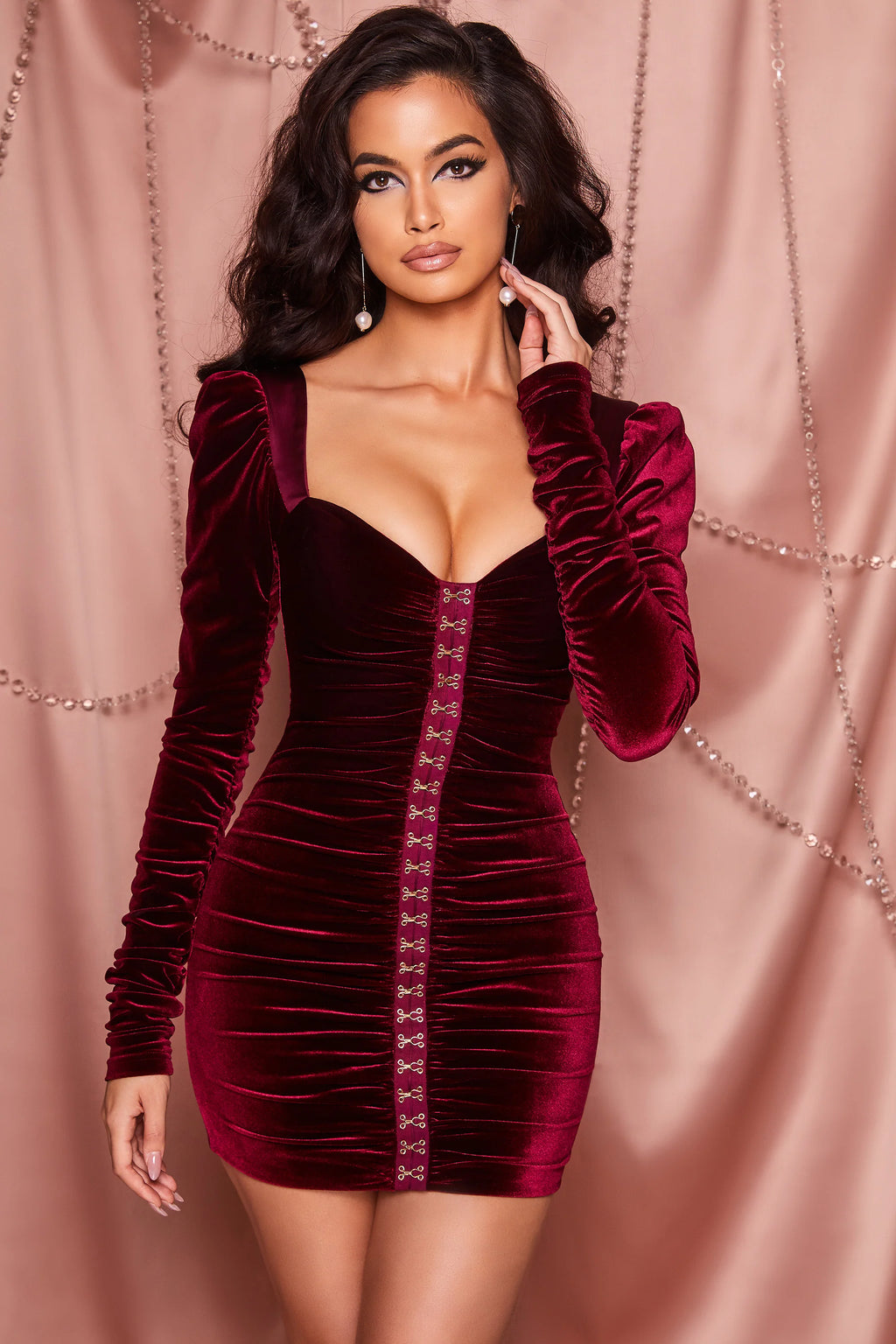 Totally Hooked Long Sleeve Ruched Velvet Mini Dress in Berry