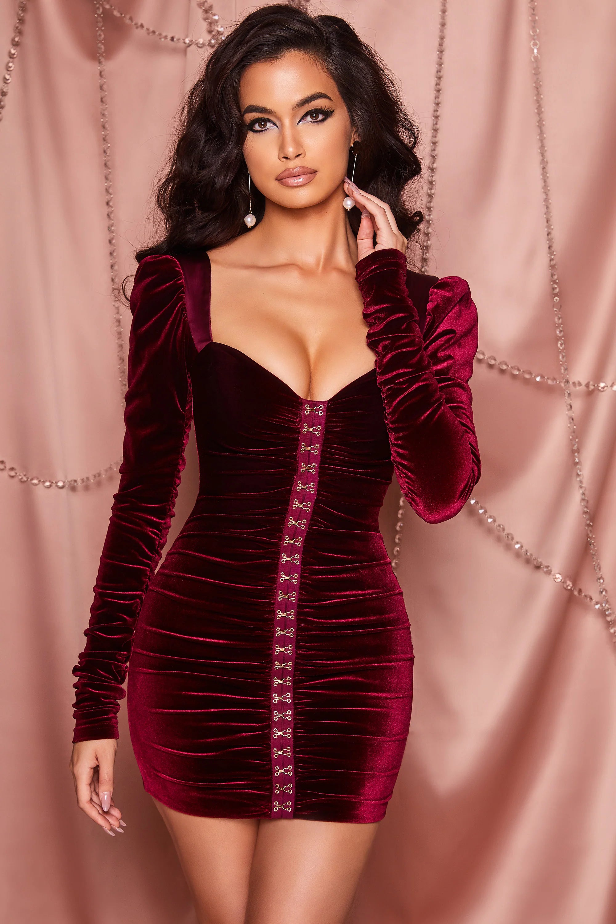 Totally Hooked Long Sleeve Ruched Velvet Mini Dress in Berry