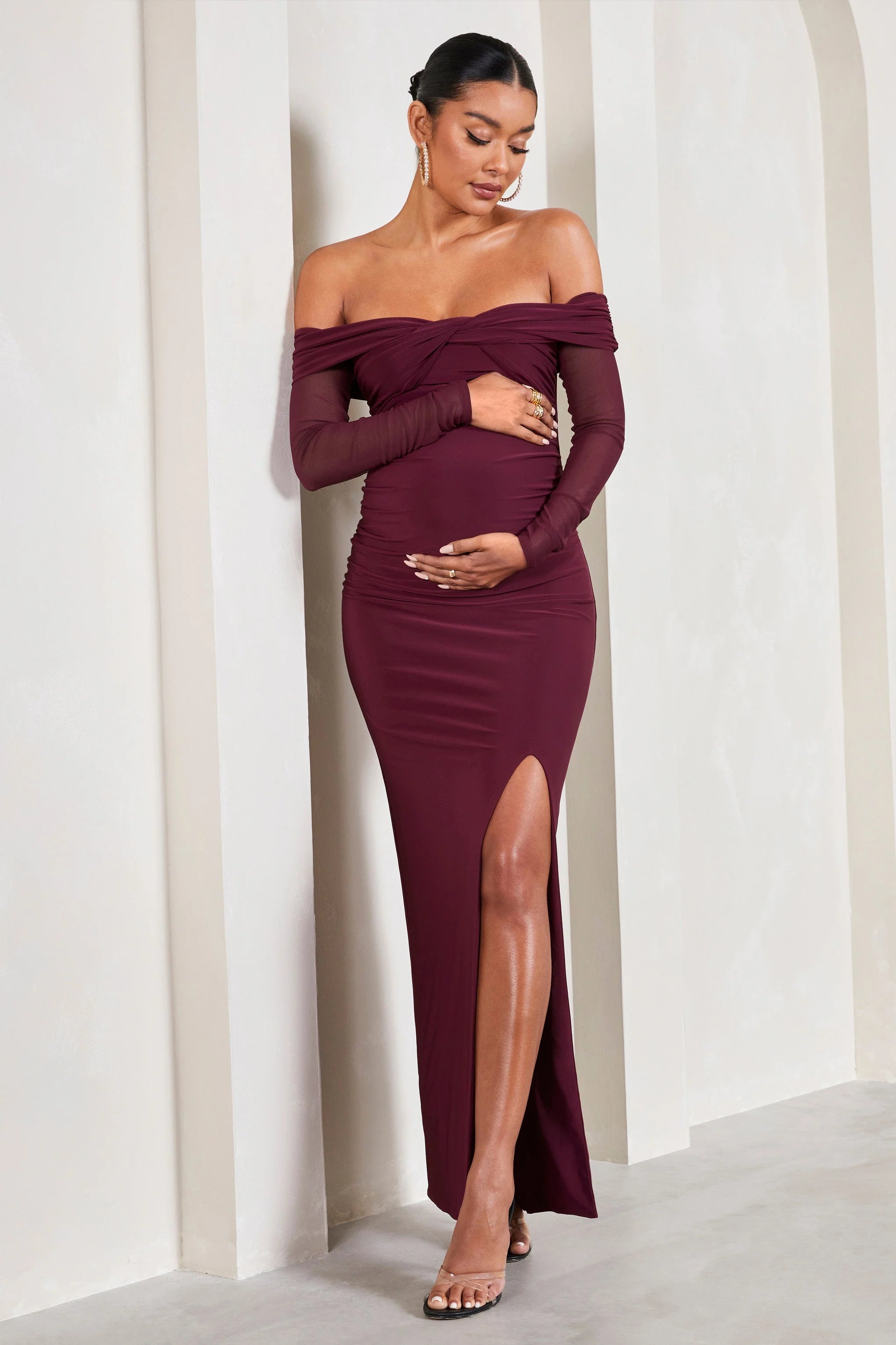 Elsie | Burgundy Bardot Long-Sleeved Maternity Maxi Dress