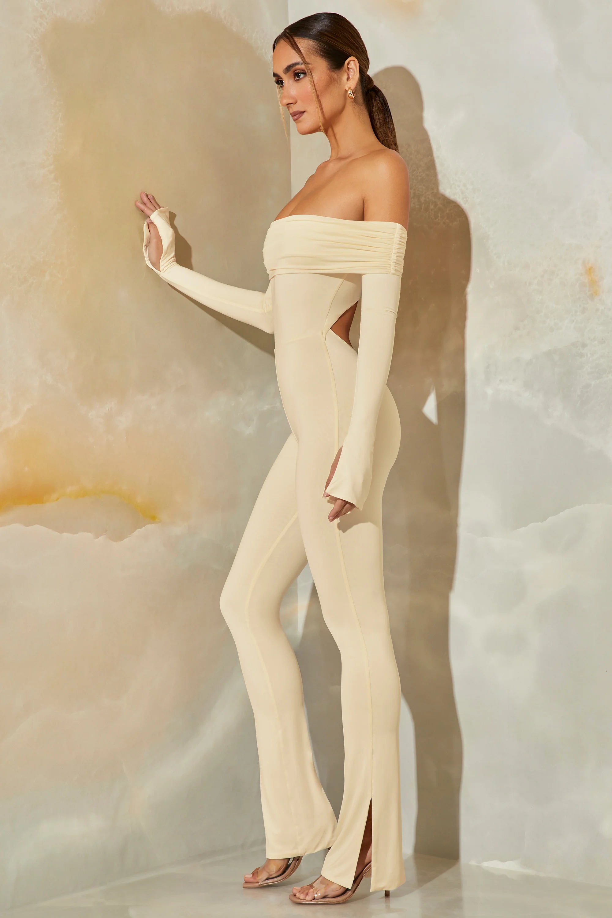 Petite Long Sleeve Open Back Jumpsuit in Stone