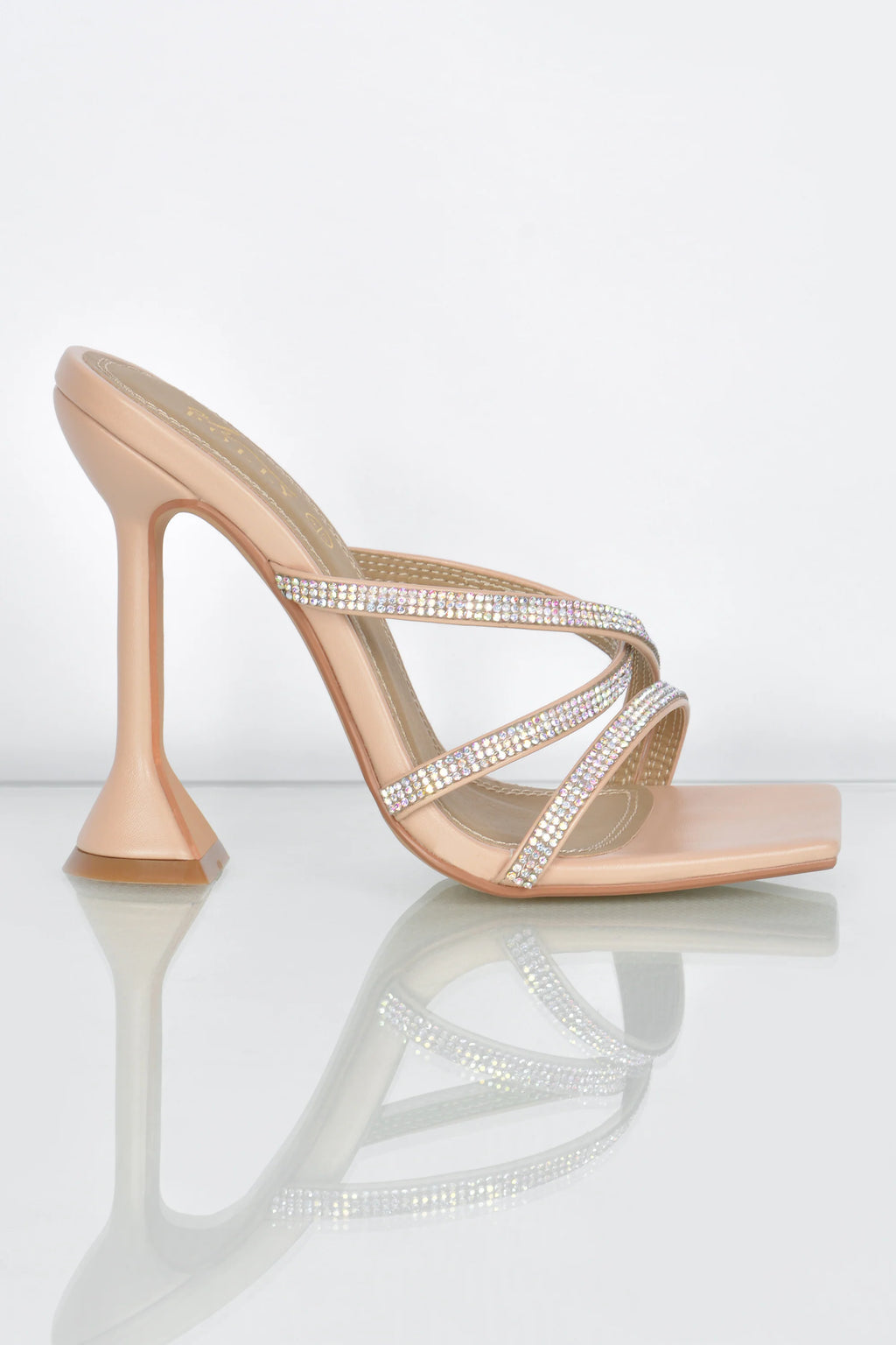 Step Aside Diamante Embellished Mule Heels in Nude