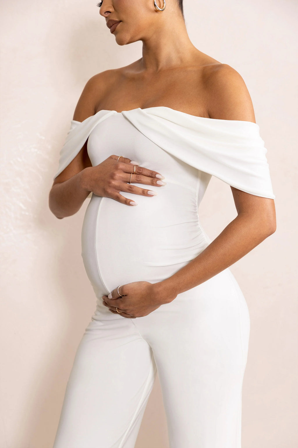 Renata | White Draped Sleeve Bardot Maternity Jumpsuit