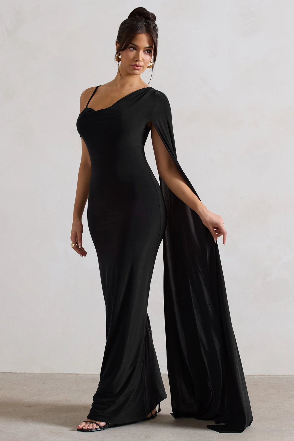 Pedra | Black Asymmetric Draped Maxi Dress With Sash