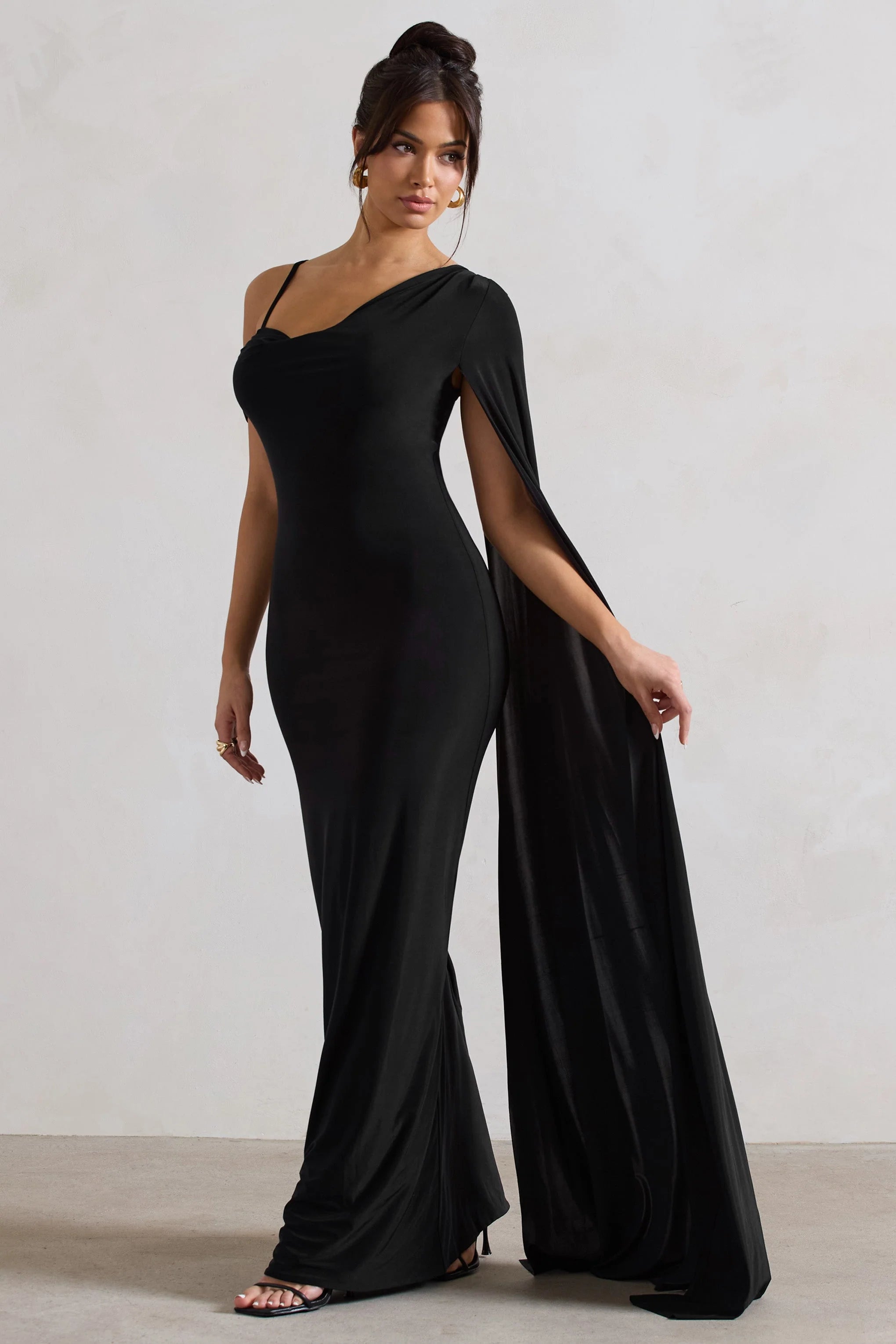 Pedra | Black Asymmetric Draped Maxi Dress With Sash