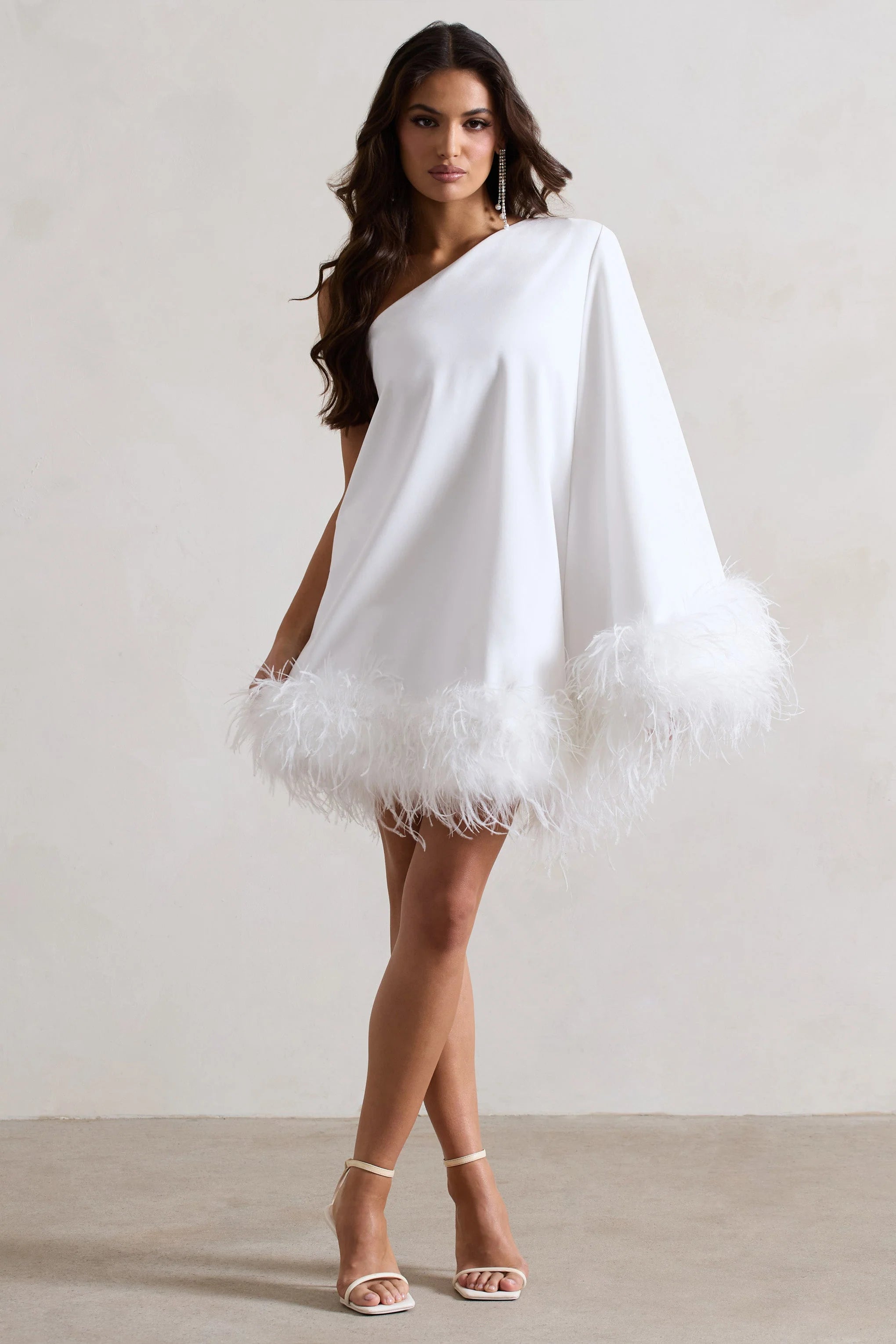 Epiphany | White Asymmetric Cape Sleeve Mini Dress With Feathers
