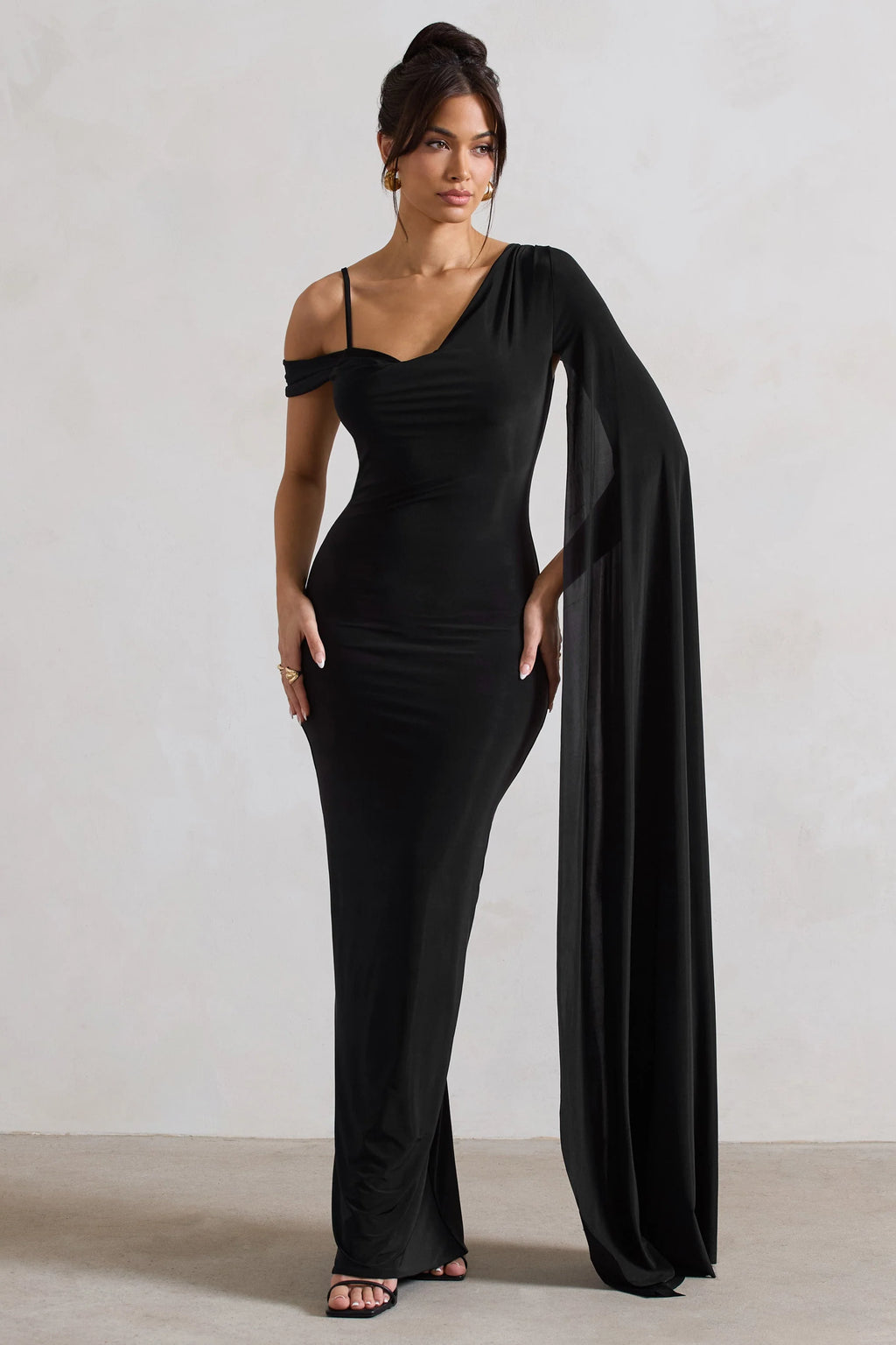 Pedra | Black Asymmetric Draped Maxi Dress With Sash