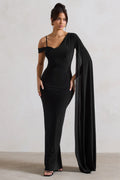 Pedra | Black Asymmetric Draped Maxi Dress With Sash