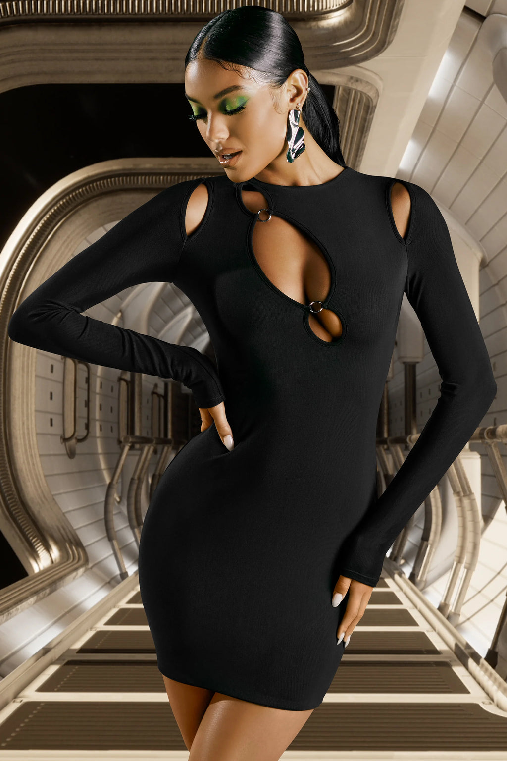 Cut Out Long Sleeve Dress in Black