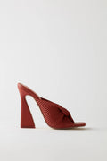 Ribbed Leatherette Mule Heels in Terracotta