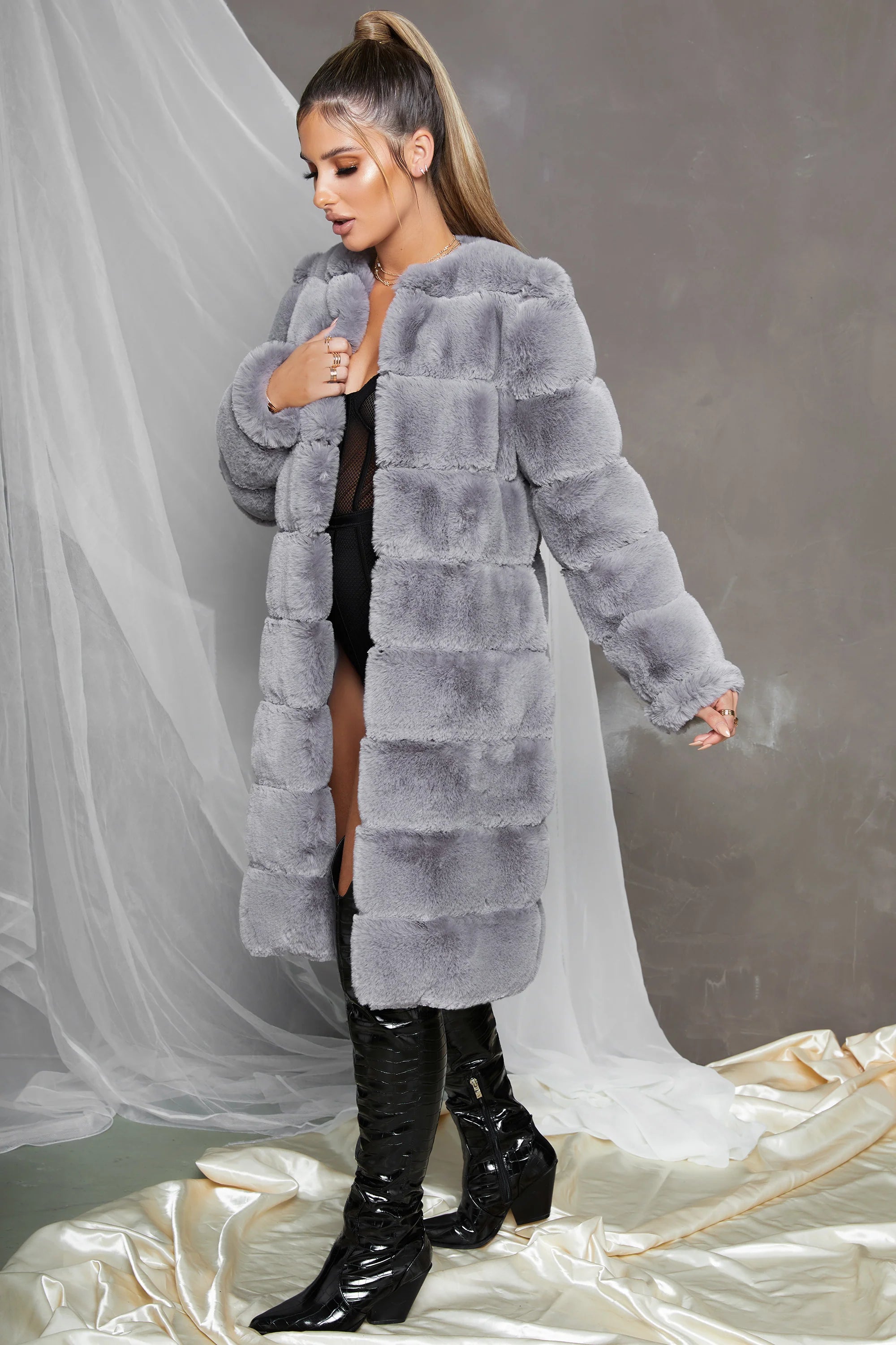Executive Longline Panel Faux Fur Coat in Grey