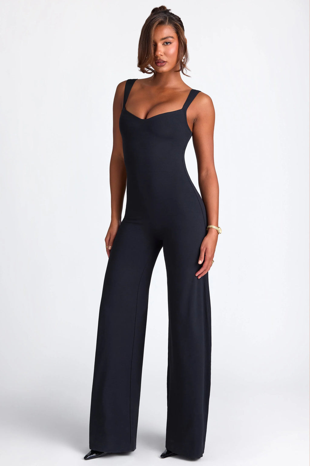 Tall Modal Sweetheart Neckline Wide Leg Jumpsuit in Black