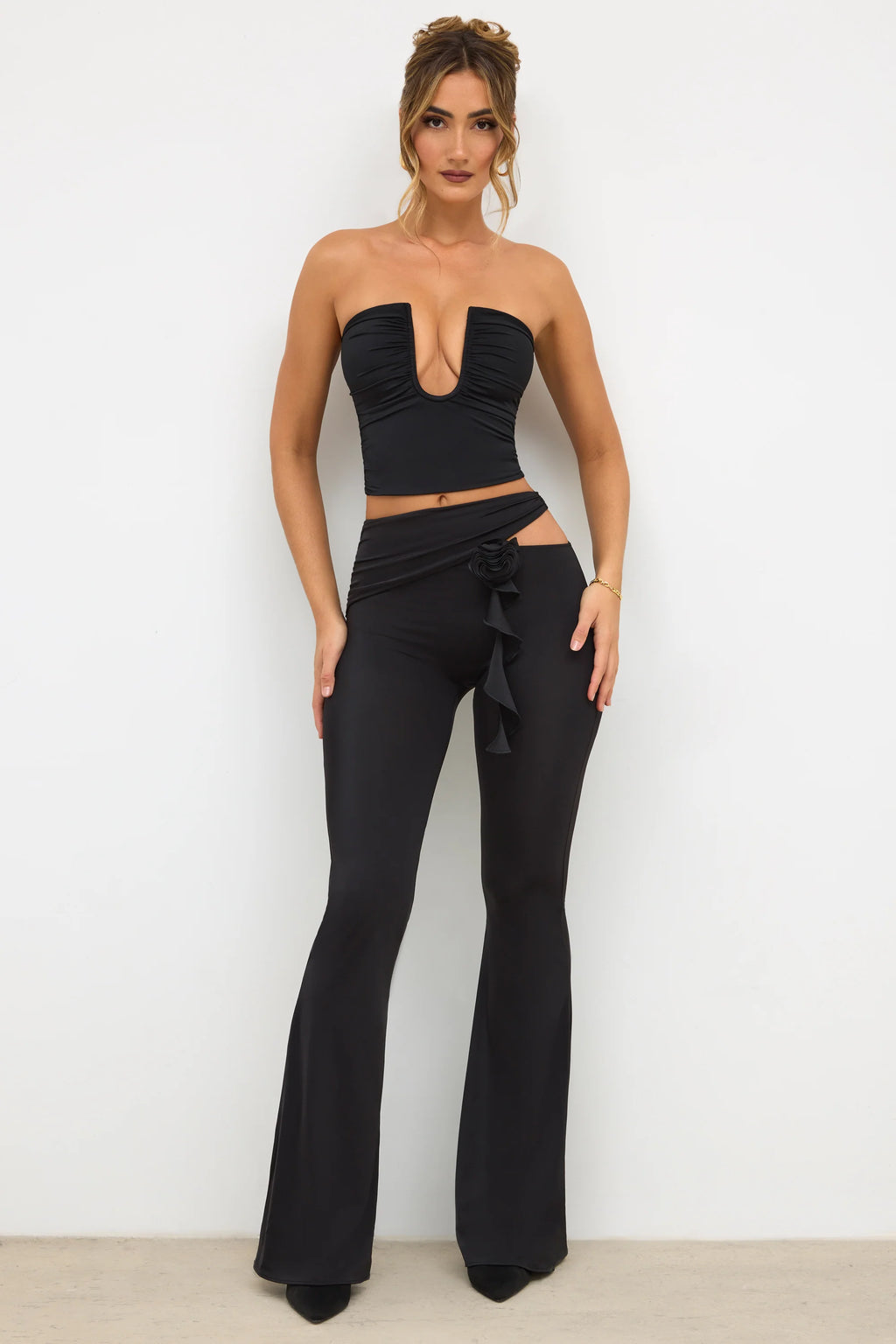 Tall Premium Jersey Rose Detail Mid-Rise Flare Trousers in Black