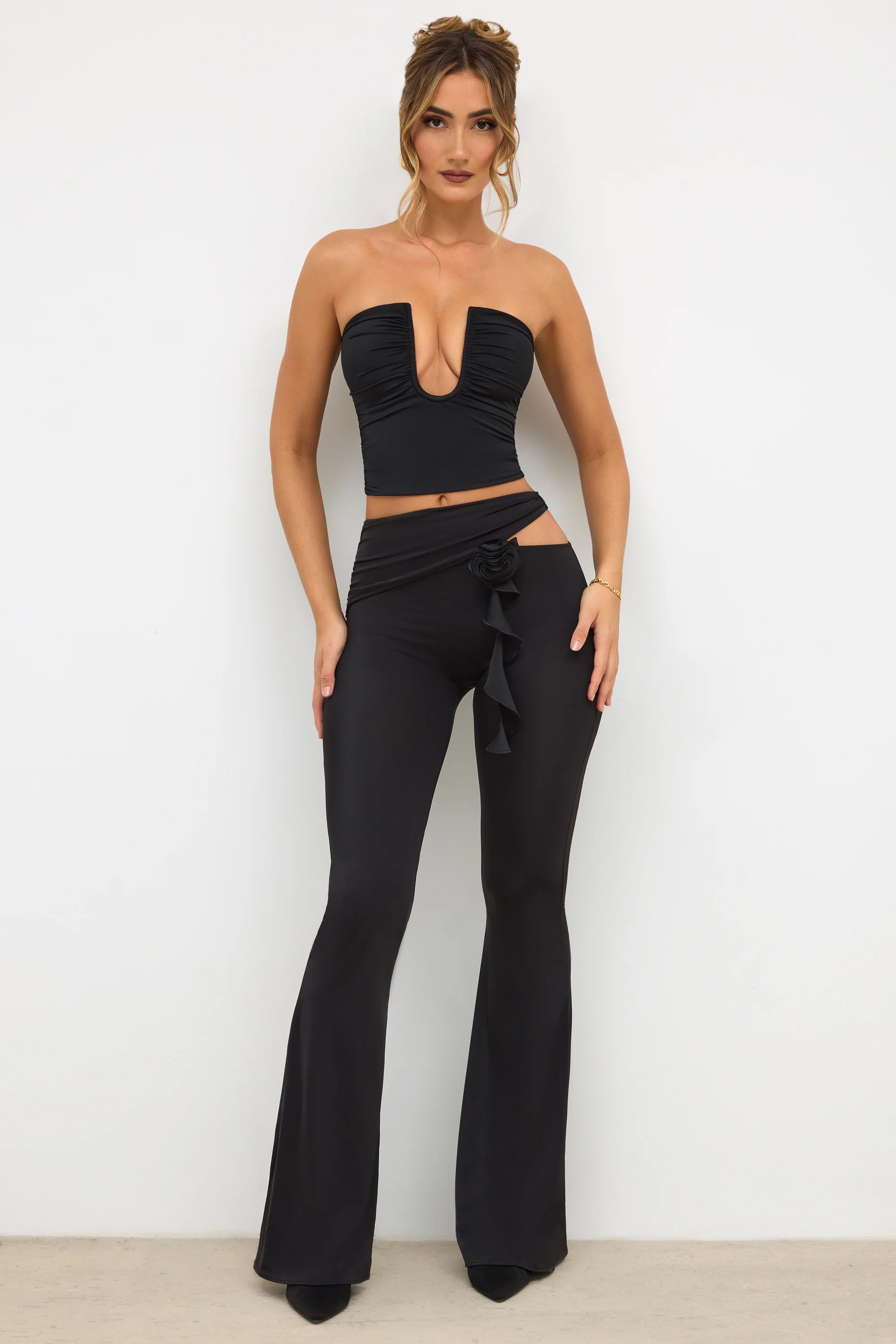 Tall Premium Jersey Rose Detail Mid-Rise Flare Trousers in Black