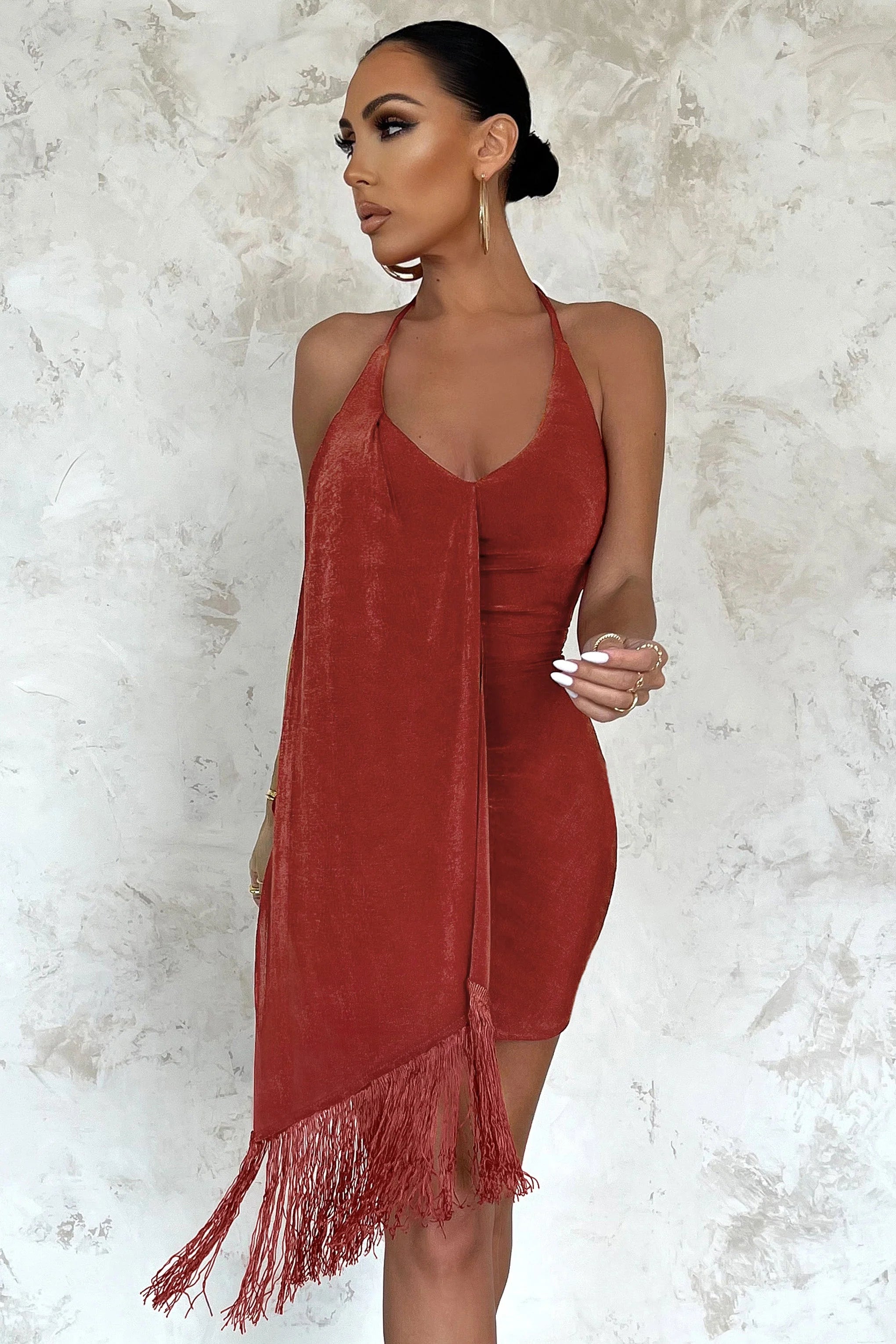 High Summer | Rust Plunge Mini Dress With Tassel Detail
