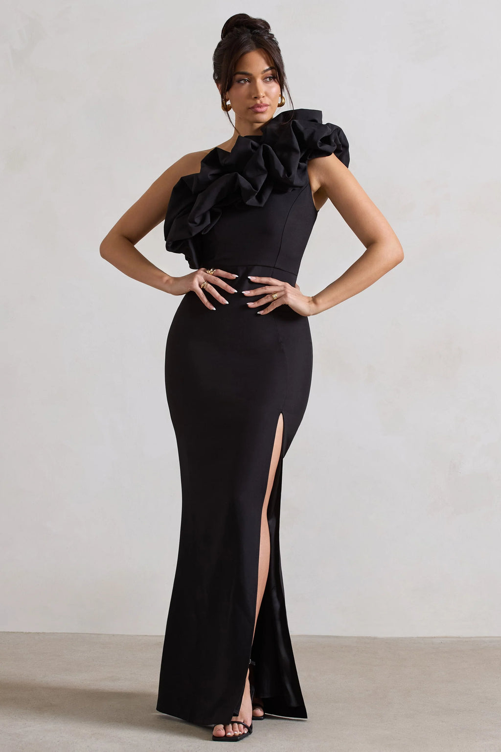 Vienne | Black Asymmetric Ruffle Split Maxi Dress