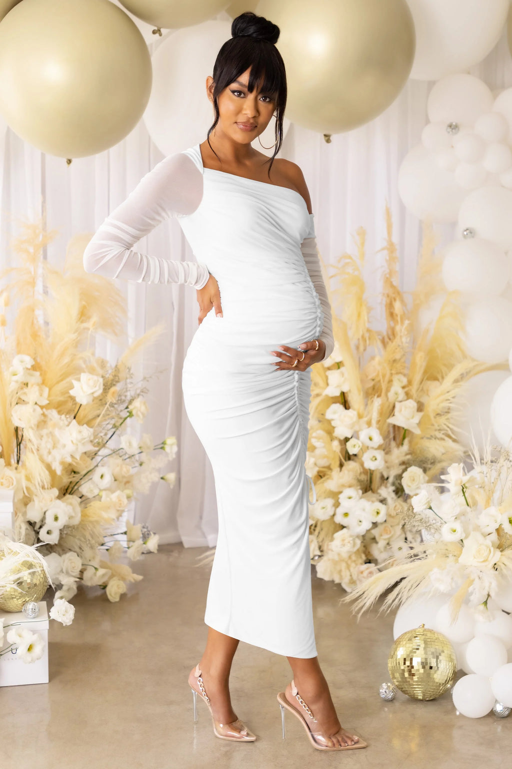 Sweet Dreams | White Maternity Asymmetric Ruched Midi Dress